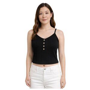 black ribbed button-front crop tank / minimalist spaghetti strap top – women’s S